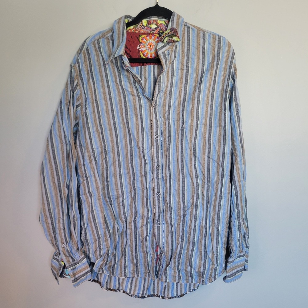Robert Graham Mens XL Blue Brown Striped Long Sleeve Button Down Shirt Paisley